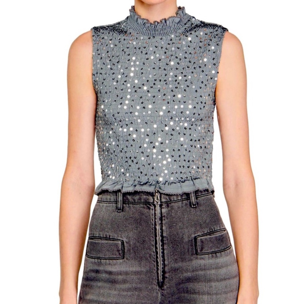 Sandro Yahir Smocked Sequin Tank Top - Picture 1 of 10